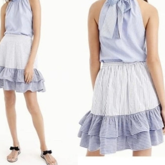 J. Crew Cocktail Blue & White Stripe Tiered Ruffle Midi Skirt - Size 12 - Picture 1 of 11
